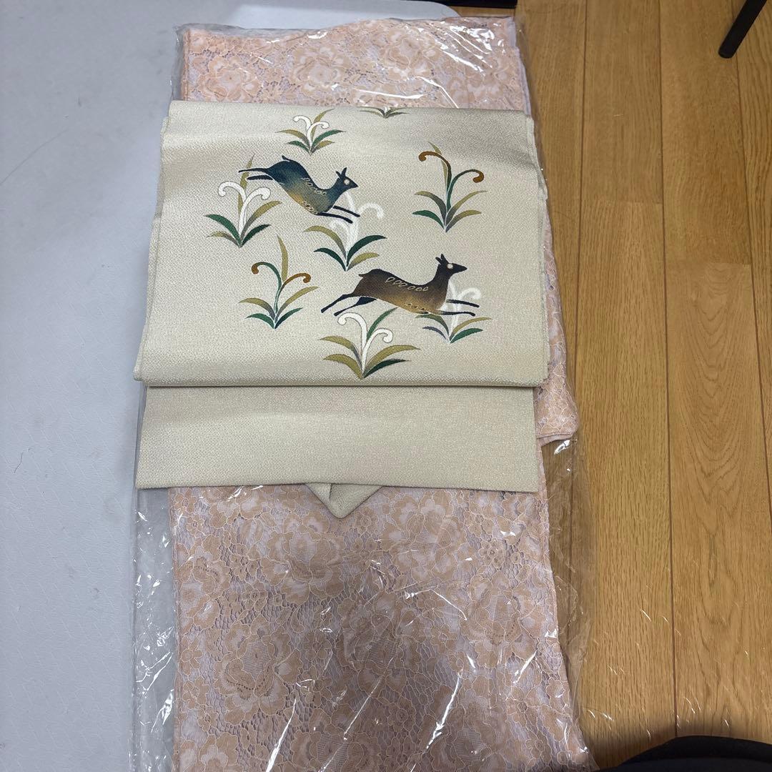 小紋　レース着物 鹿と草花模様名古屋帯　セット