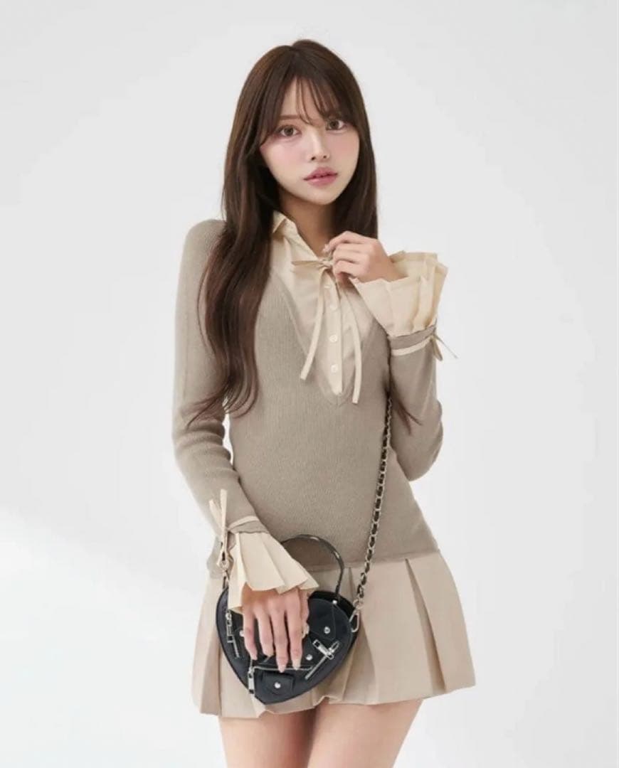 darich ダーリッチ シャツドッキングプリーツミニワンピース　グレー