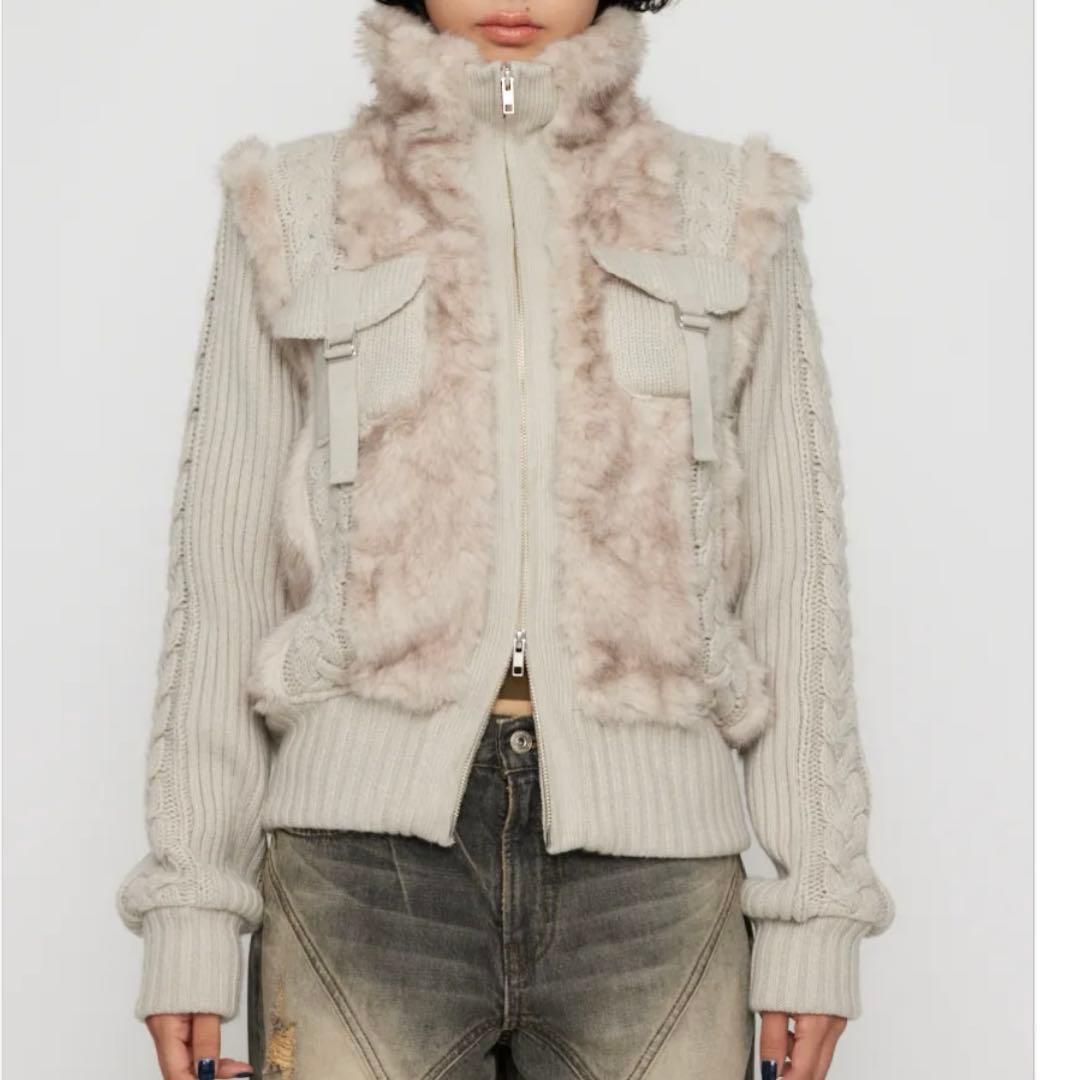 LAGUA GEM CABLE KNIT FAUX FUR ブルゾン アイボリー