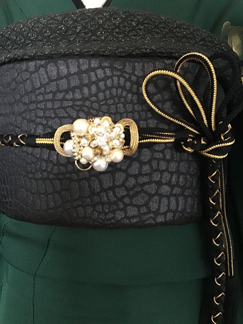 振袖フルセット　深緑　黒　金彩　作家者　躾糸付き　正絹　振袖6点セット