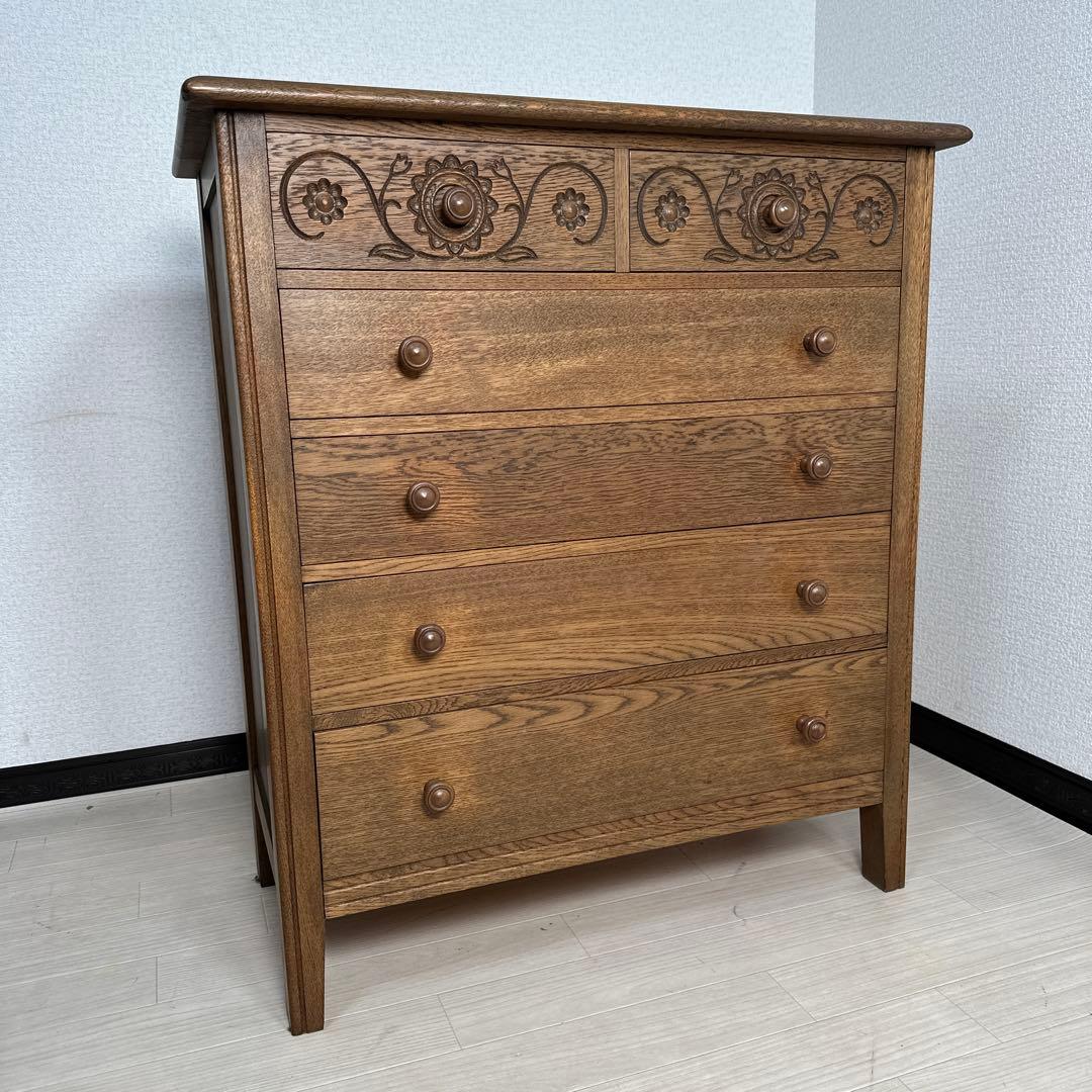 極美品 葉山ガーデン 花柄 ミドルチェスト オーク材 レリーフ 手作家具 i4※