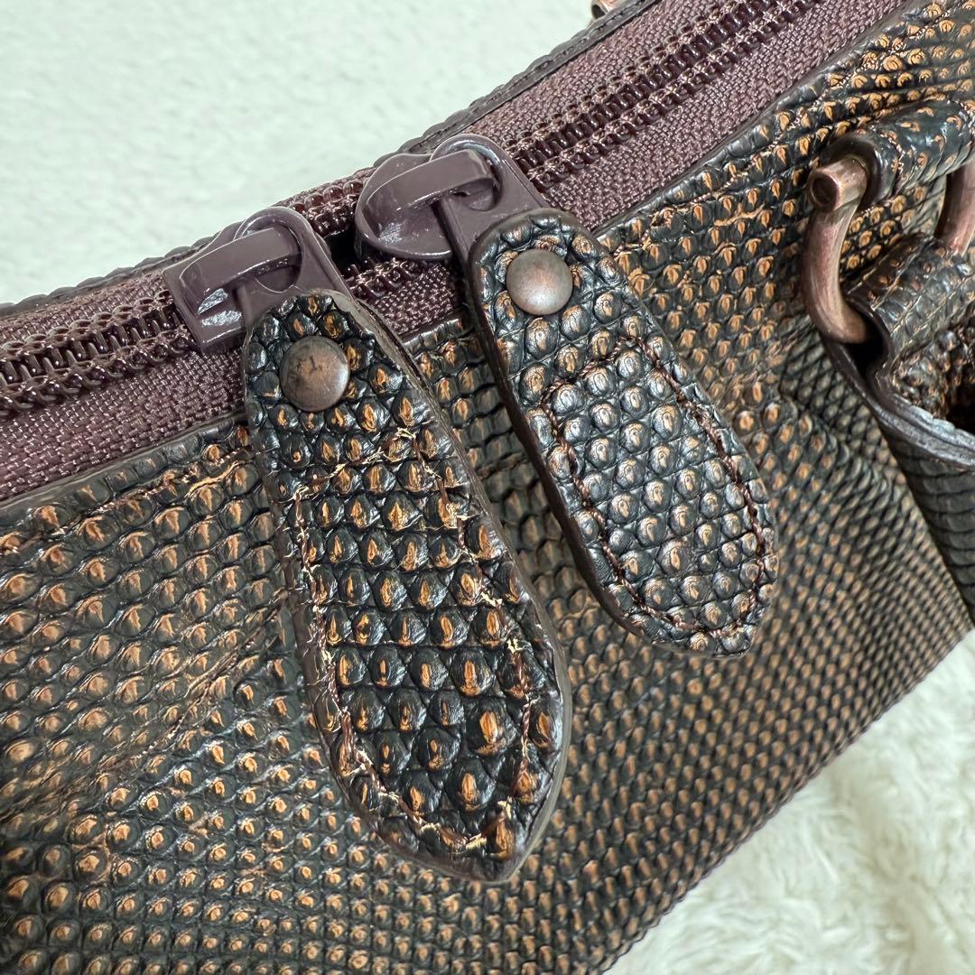 【美品】JRAタグ付 リザード 本革 ハンドバッグ ブラウン 茶 ヴィンテージ