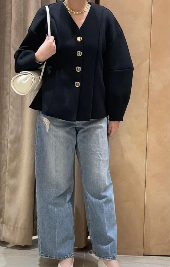 アダムエロペ ミックスボタンペプラムカーディガン ブラック 厚手