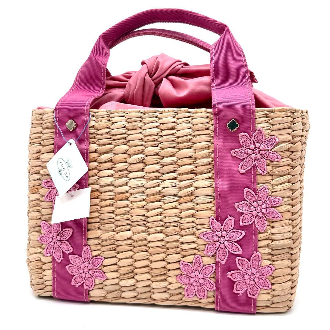 【新品タグ付き】TOCCA かごバッグ フラワー 刺繍 レース ラフィア ピンク