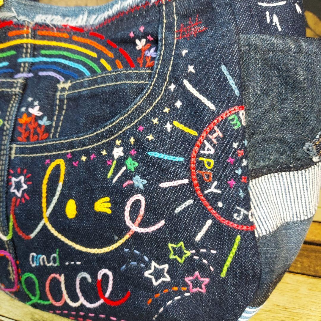刺繍デニムバック　No.636　デニムリメイク　チューリップバック　スマイリー