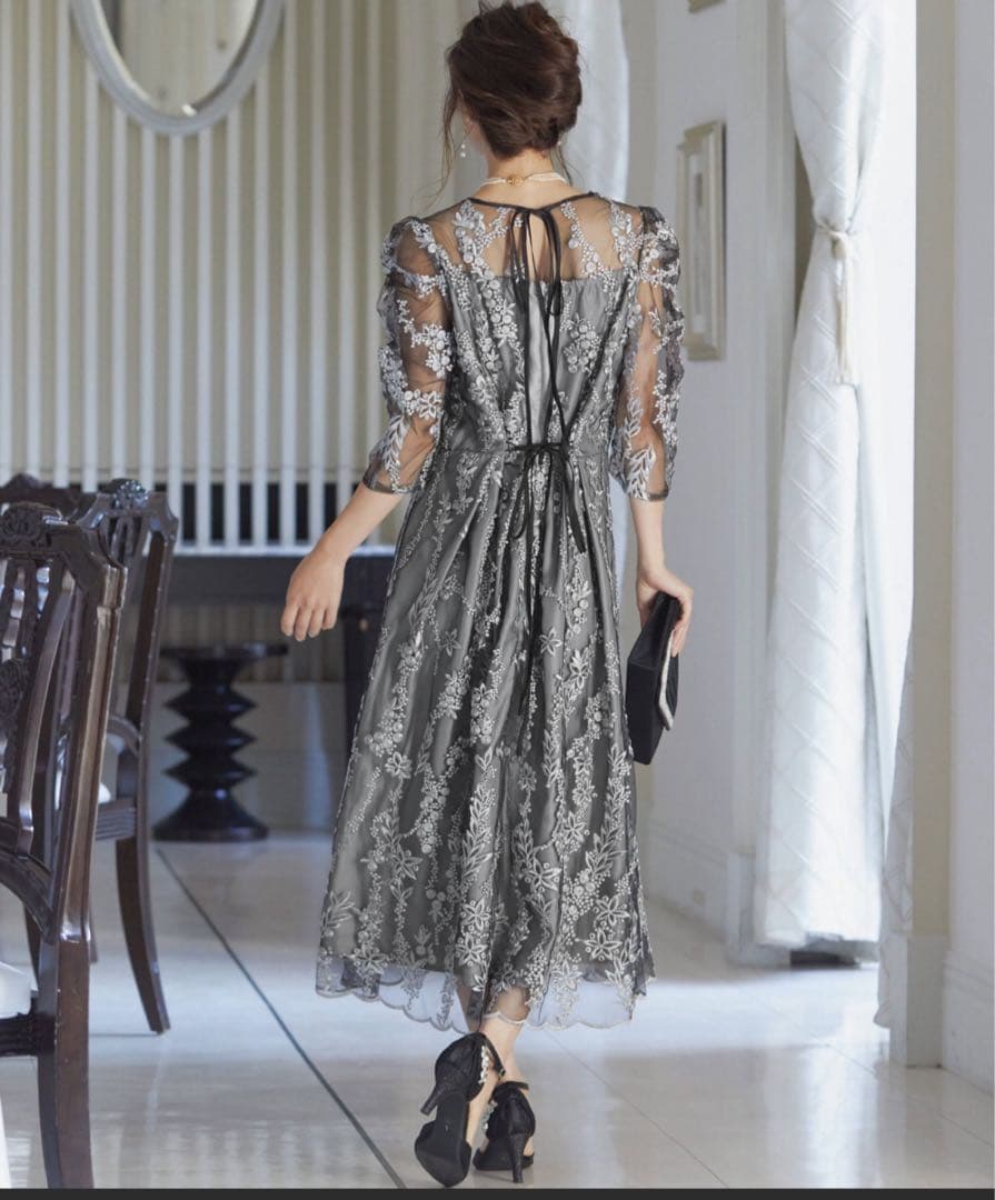 刺繍レース バックリボン パーティードレス