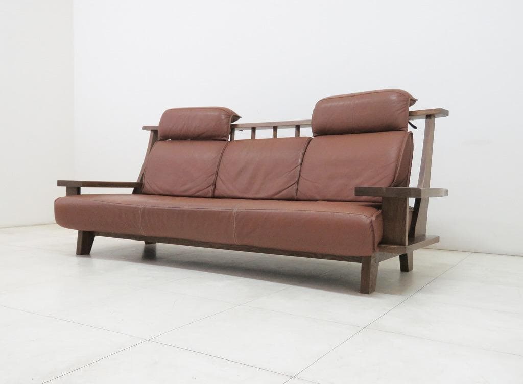 ■葉山ガーデン■WAZA 3人掛けソファ■本革■天然木■ウッドアーム■和モダン