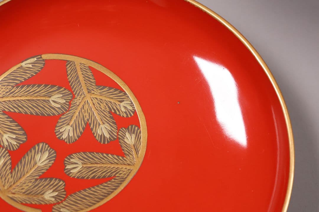 【CM246】時代木製漆器 松竹梅 金蒔絵 朱塗 引盃 五客 木製漆器 小皿 杯