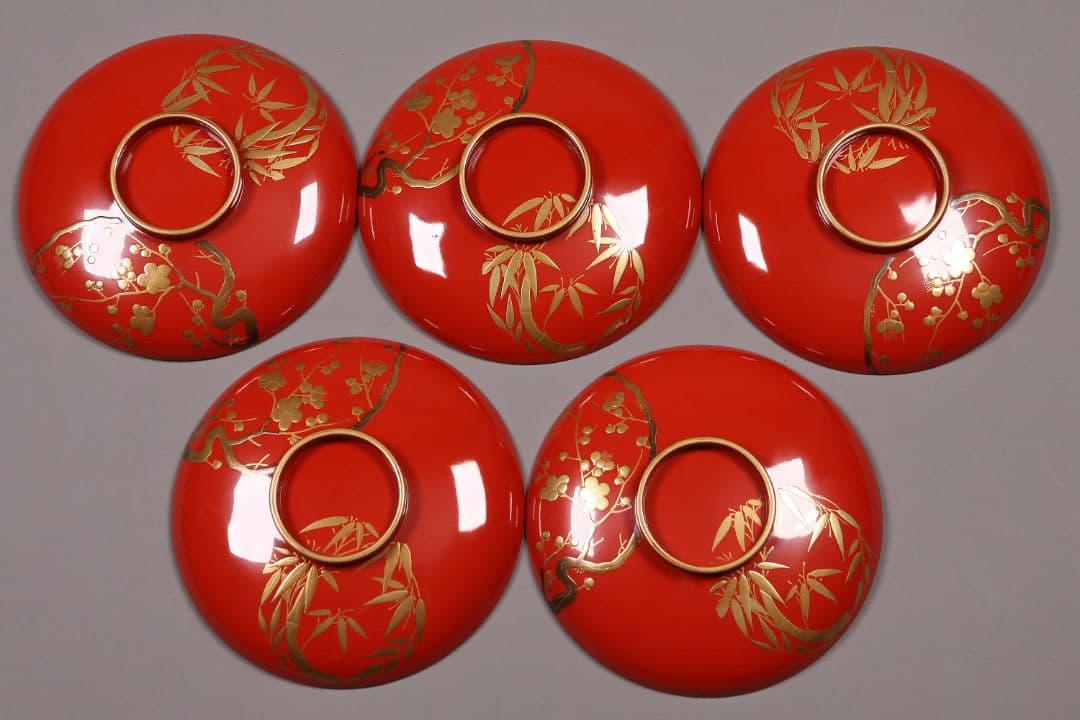 【CM246】時代木製漆器 松竹梅 金蒔絵 朱塗 引盃 五客 木製漆器 小皿 杯