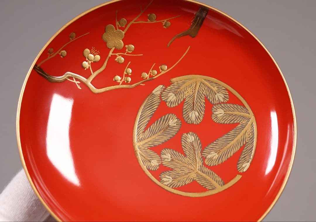 【CM246】時代木製漆器 松竹梅 金蒔絵 朱塗 引盃 五客 木製漆器 小皿 杯