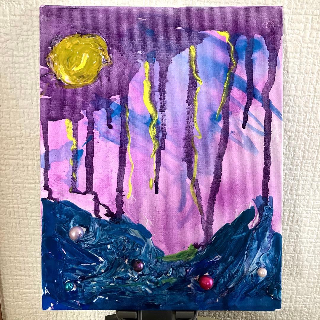 ピ*ー様 小4娘の絵　嵐の海　キャンバスボード縦25.5cm 横20.5cm