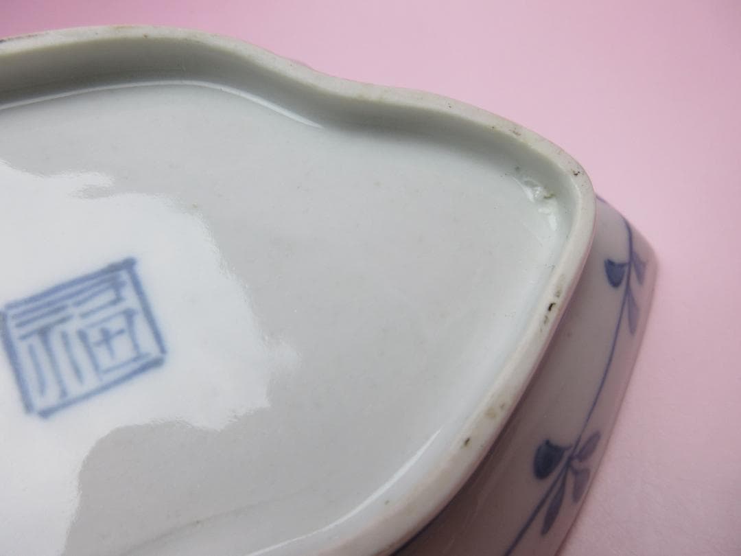 時代 染付 角福 鹿と紅葉模様 変形皿 3枚 61228