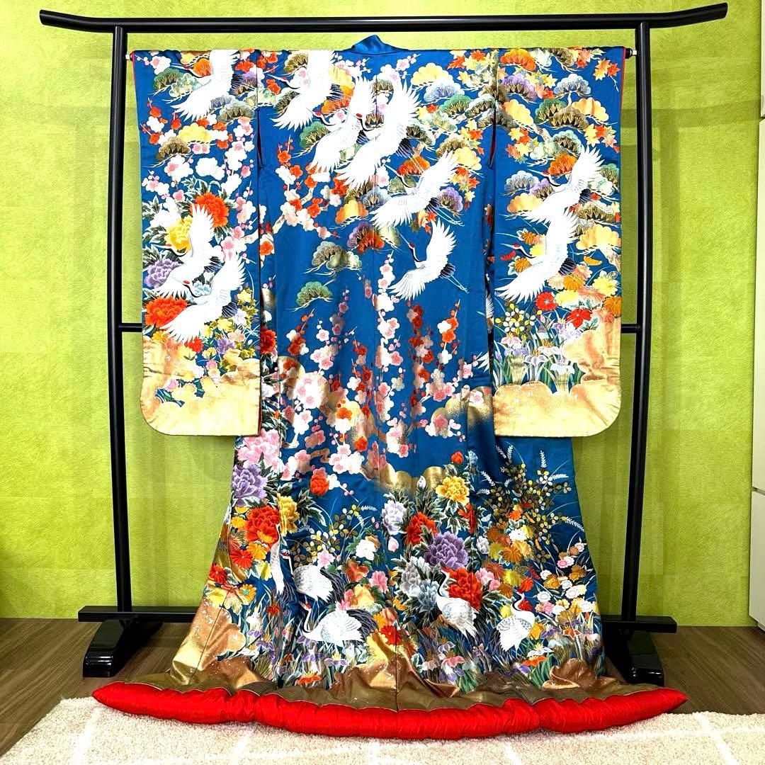 青色 鶴と花の刺繍 色打掛