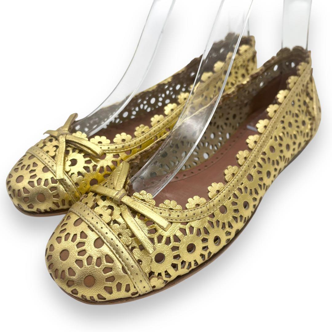 未使用■アライア　カットワーク　フラットシューズ　ゴールド　リボン　レザー　35