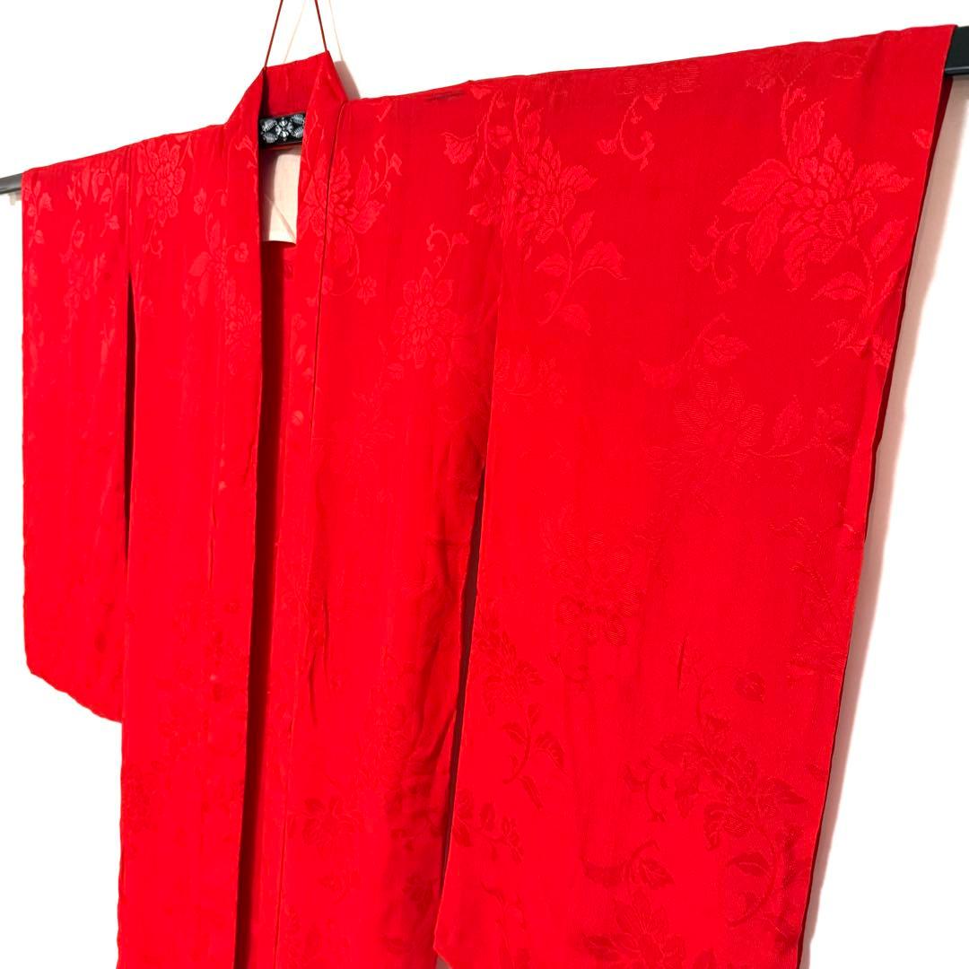 5k2619 長襦袢　正絹　単衣　小振袖用　赤　花柄　和装　着物