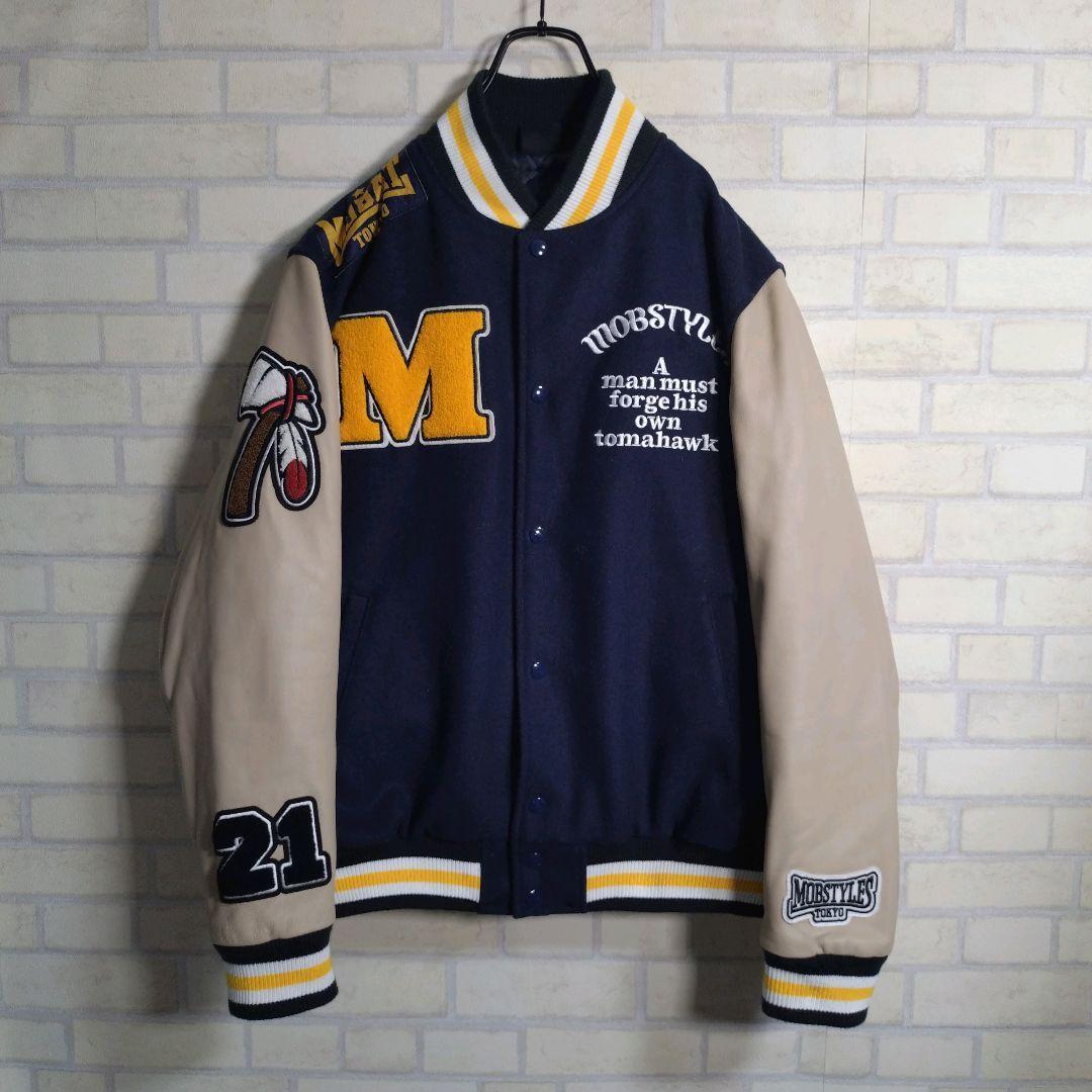 モブスタイル★サガラ刺繍 羊革 アームレザー スタジャン 紺 M表記 L相当