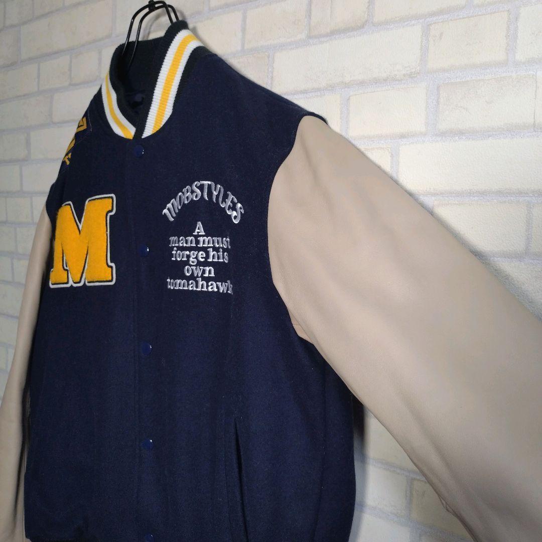 モブスタイル★サガラ刺繍 羊革 アームレザー スタジャン 紺 M表記 L相当