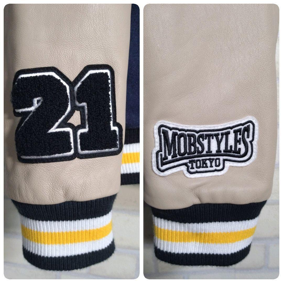 モブスタイル★サガラ刺繍 羊革 アームレザー スタジャン 紺 M表記 L相当