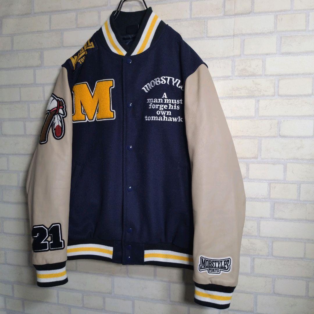 モブスタイル★サガラ刺繍 羊革 アームレザー スタジャン 紺 M表記 L相当