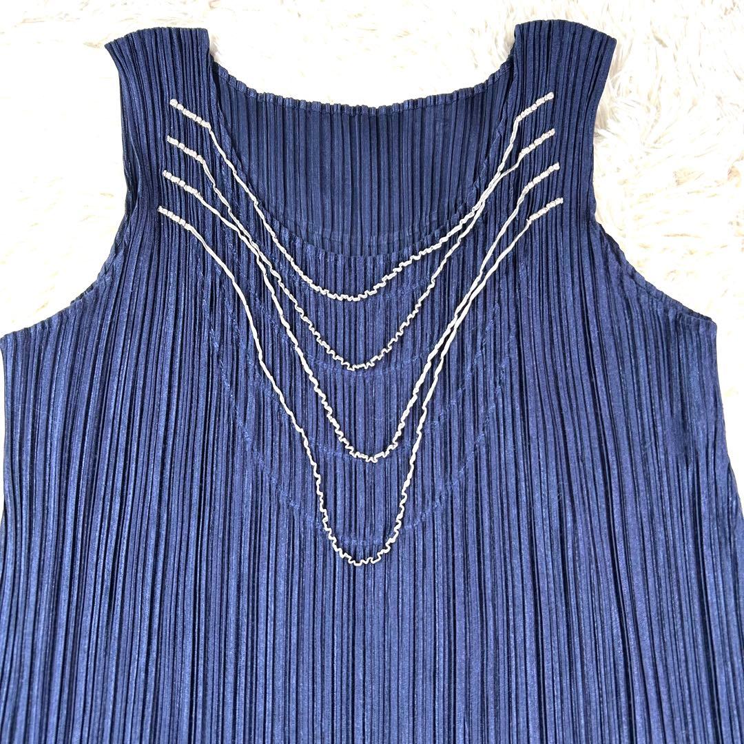 【美品】プリーツプリーズ 光沢 Aライン マキシ丈ワンピース 装飾 紺 2 M