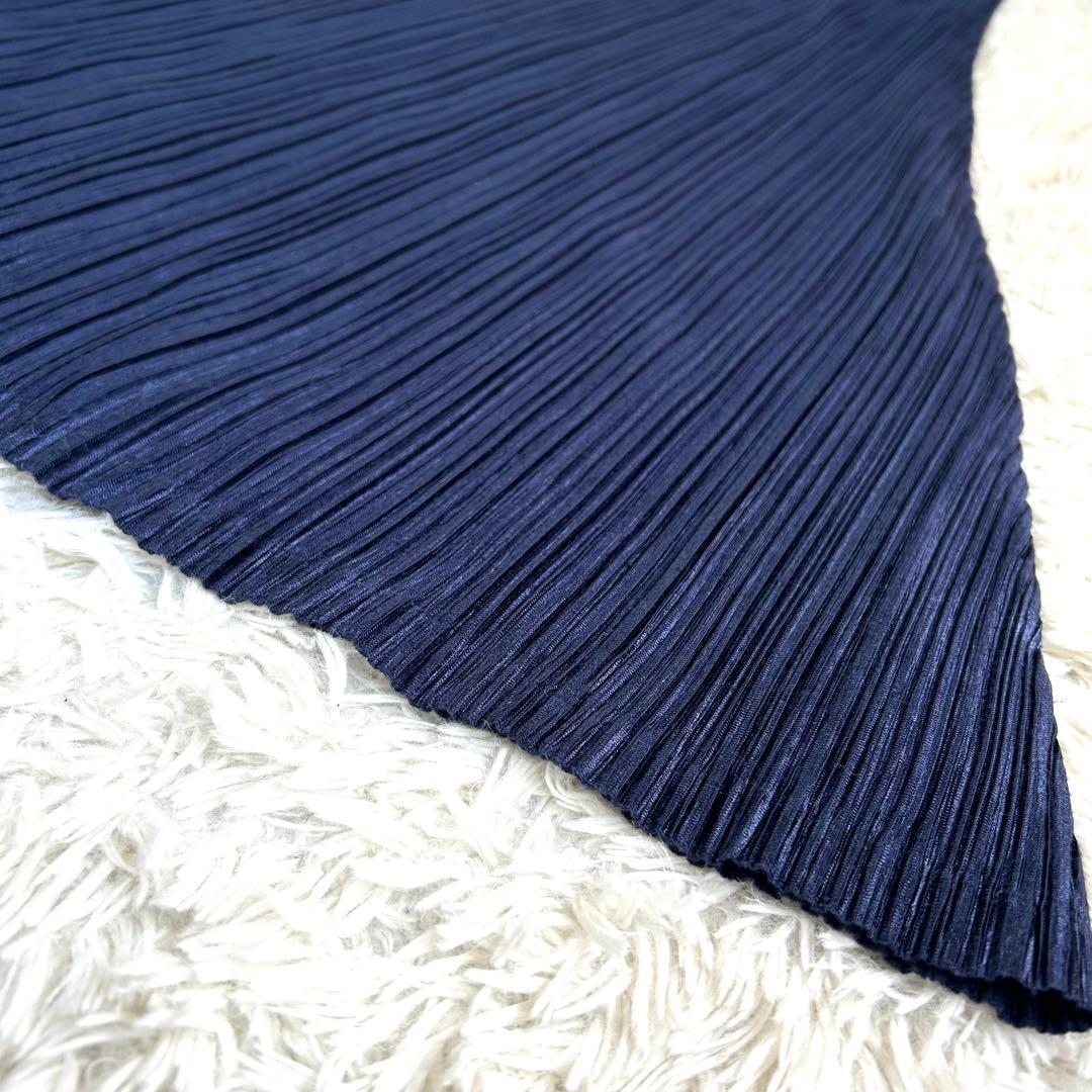 【美品】プリーツプリーズ 光沢 Aライン マキシ丈ワンピース 装飾 紺 2 M
