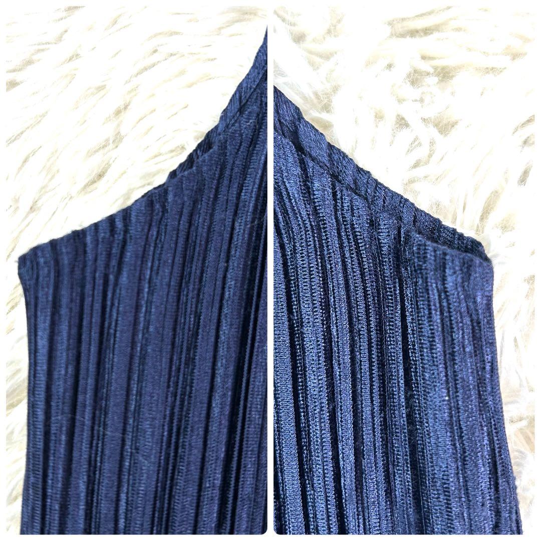 【美品】プリーツプリーズ 光沢 Aライン マキシ丈ワンピース 装飾 紺 2 M