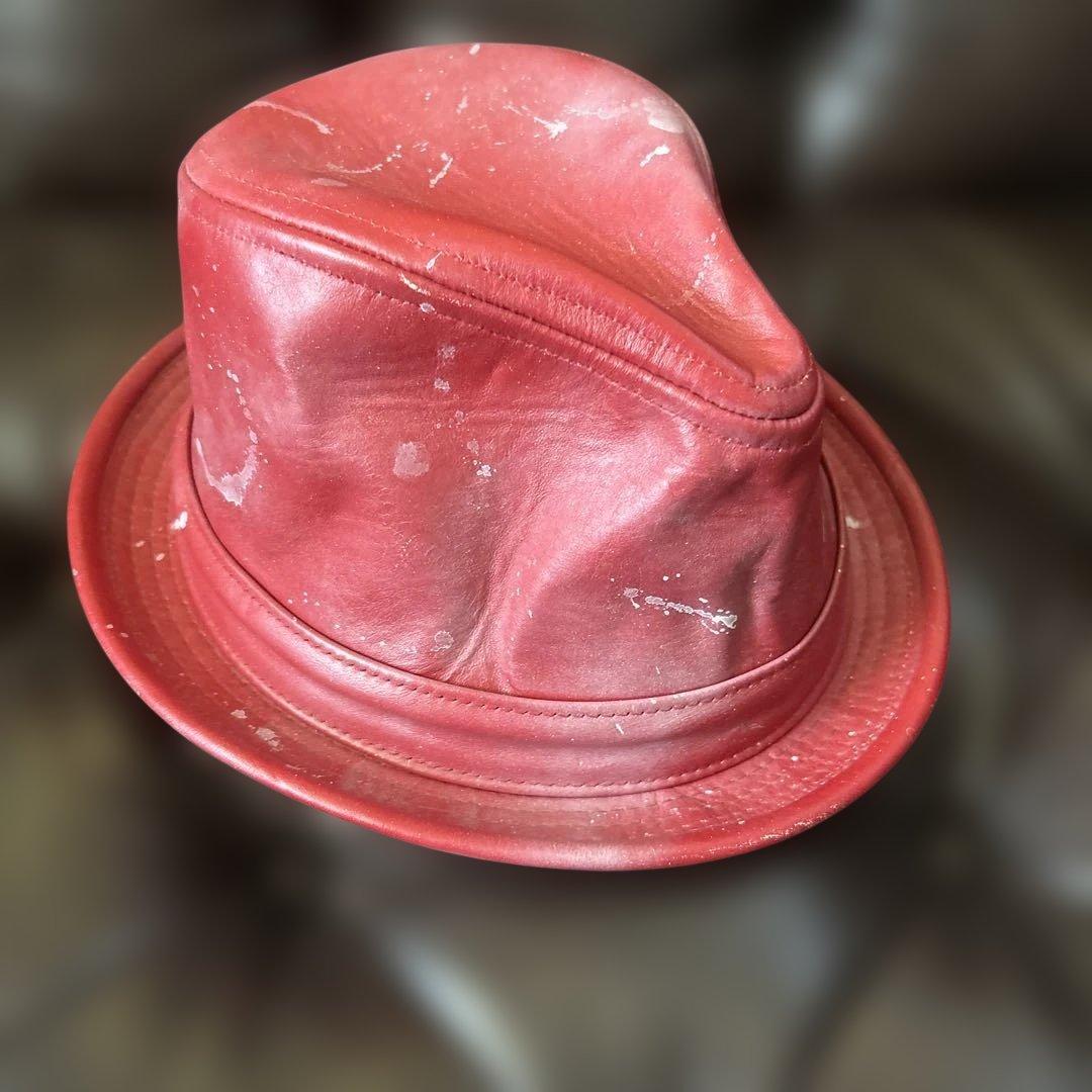 未使用品　9+4 レザー 赤 ハット　MADE IN USA sizeＬ58㎝