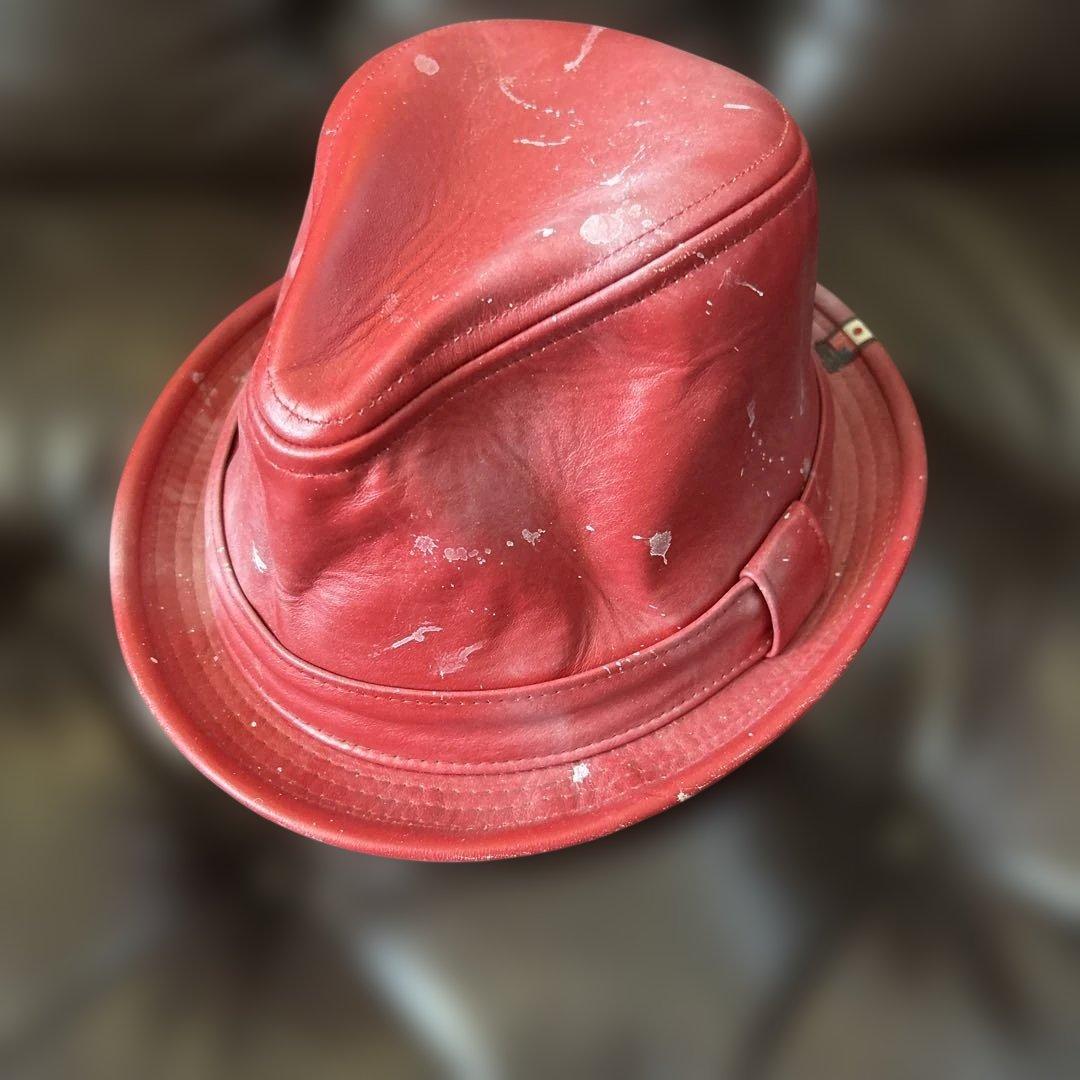 未使用品　9+4 レザー 赤 ハット　MADE IN USA sizeＬ58㎝