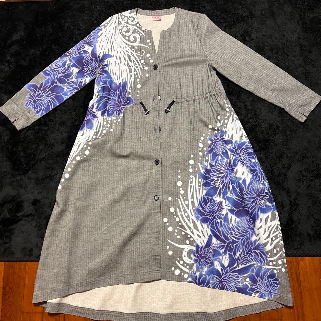 YOKANG 花柄 長袖ワンピース グレー