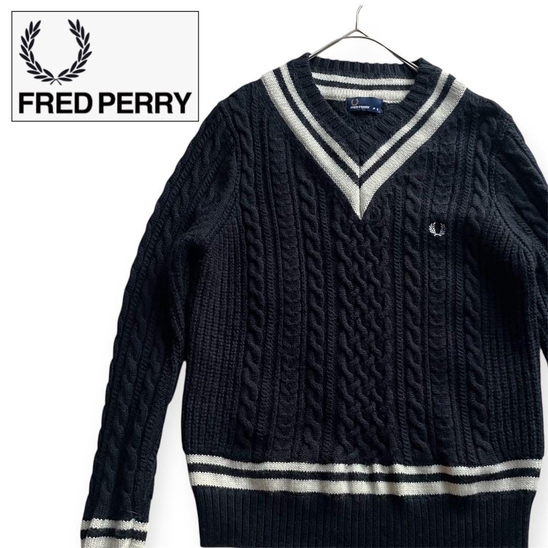 美品　フレッドペリー 表記S ケーブルニット　チルデンニット　ウール　月桂樹　黒