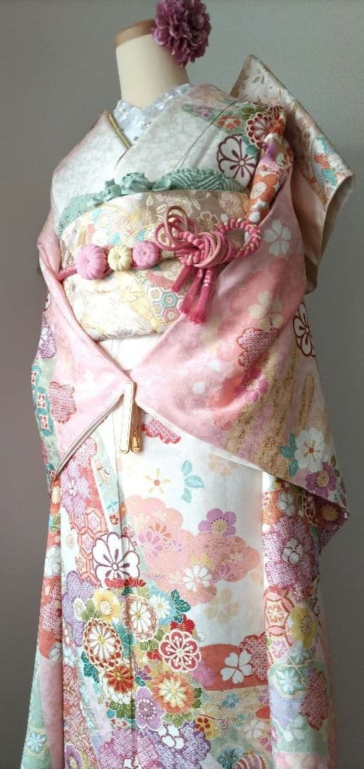 446.振袖7点セット　正絹　フルセット　成人式　京都きもの友禅 細身　美品