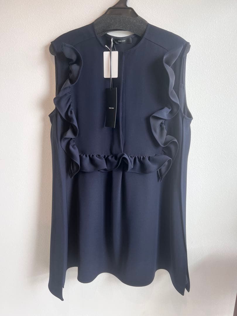 ヨーコチャン yokochan ノースリーブフリルトリムブラウス ネイビー 36