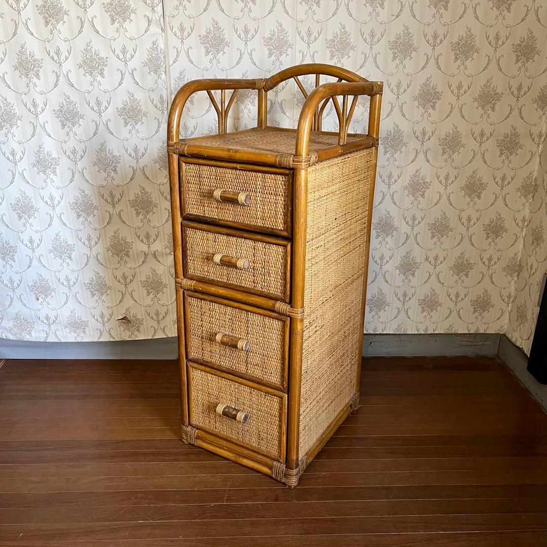 【アンティーク】籐 ラタン 4段 チェスト 収納棚 ランドリーラック 古道具