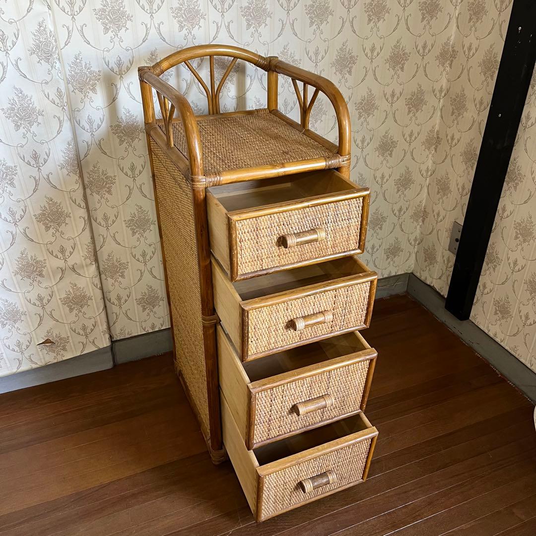【アンティーク】籐 ラタン 4段 チェスト 収納棚 ランドリーラック 古道具