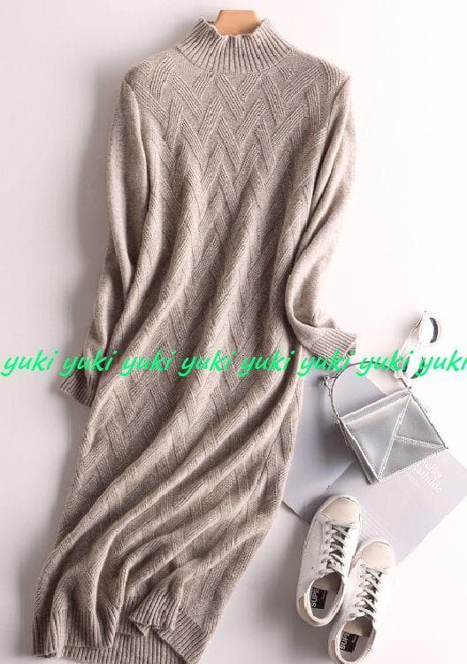 M暖か上質カシミヤ100％★ハイネックデザイン編みロングニットワンピ♪モカM