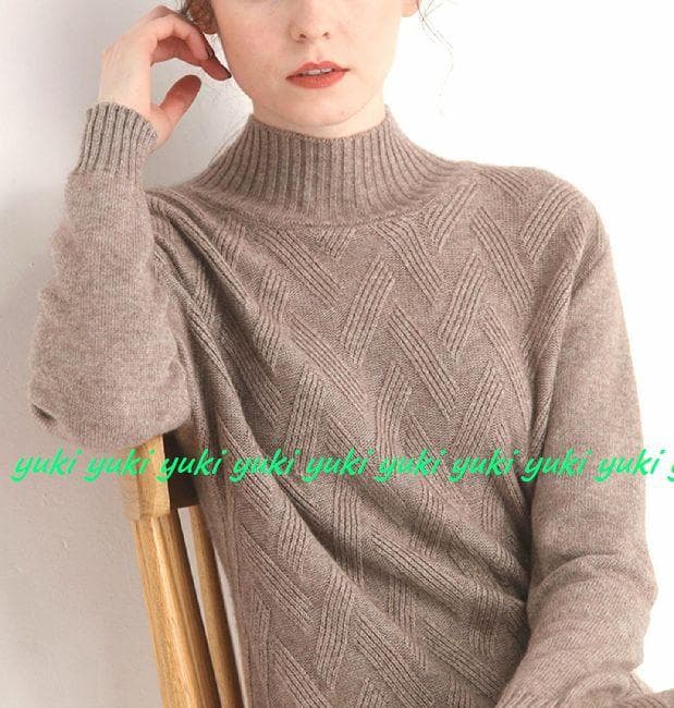 M暖か上質カシミヤ100％★ハイネックデザイン編みロングニットワンピ♪モカM