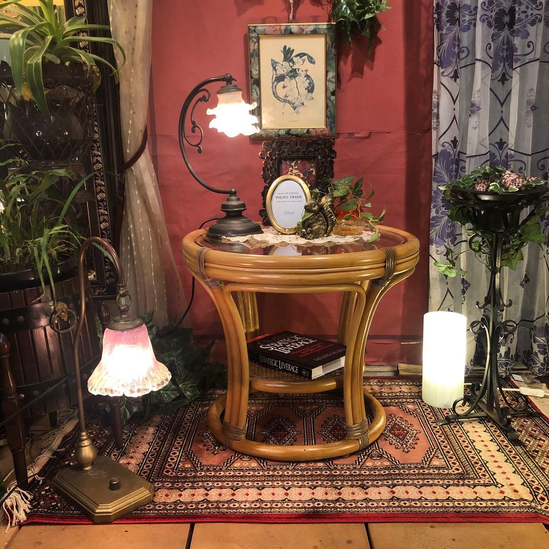 古家具　ヴィンテージ ナチュラル　籐ラタンフレーム サイドテーブル 丸テーブル