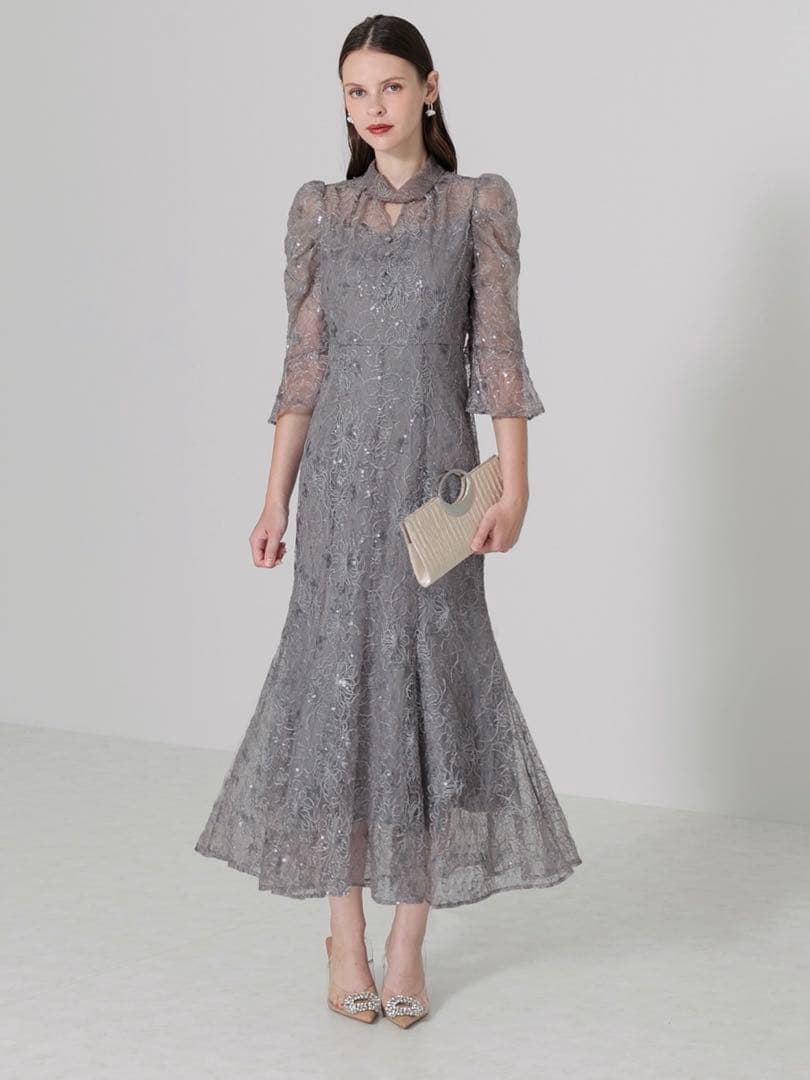 スパンコール花柄パフスリーブマーメイドワンピースドレス結婚式成人式パーティー