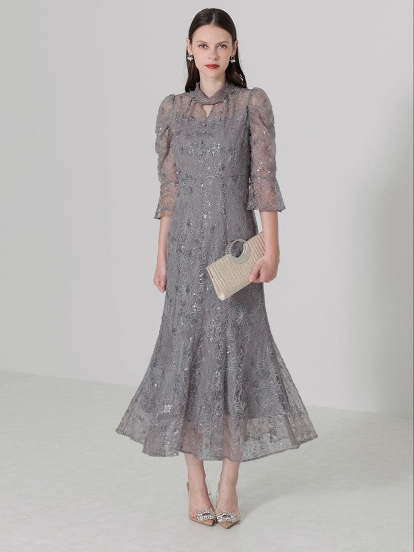 スパンコール花柄パフスリーブマーメイドワンピースドレス結婚式成人式パーティー