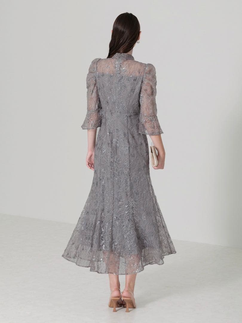 スパンコール花柄パフスリーブマーメイドワンピースドレス結婚式成人式パーティー