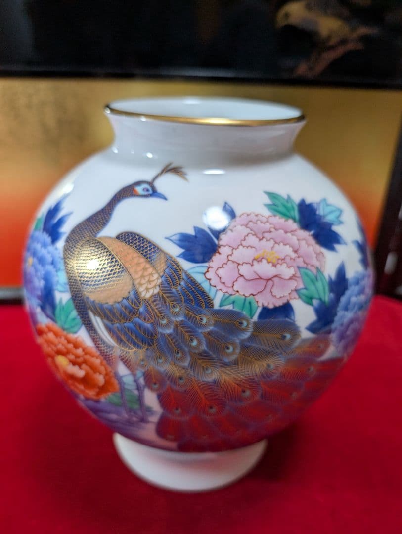 孔雀　牡丹　花瓶　香蘭社