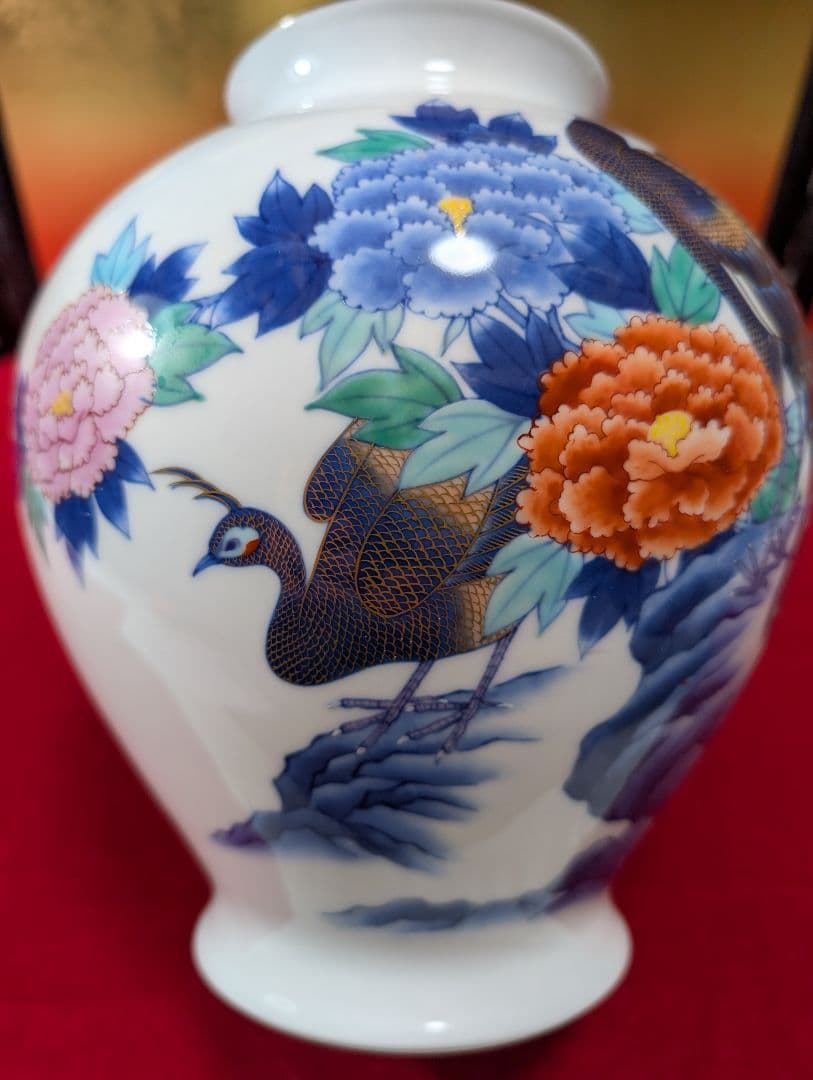 孔雀　牡丹　花瓶　香蘭社