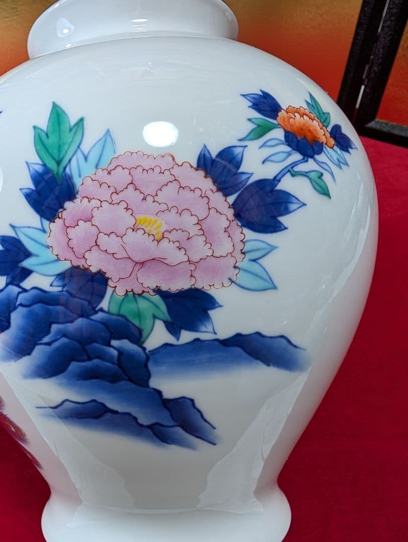 孔雀　牡丹　花瓶　香蘭社