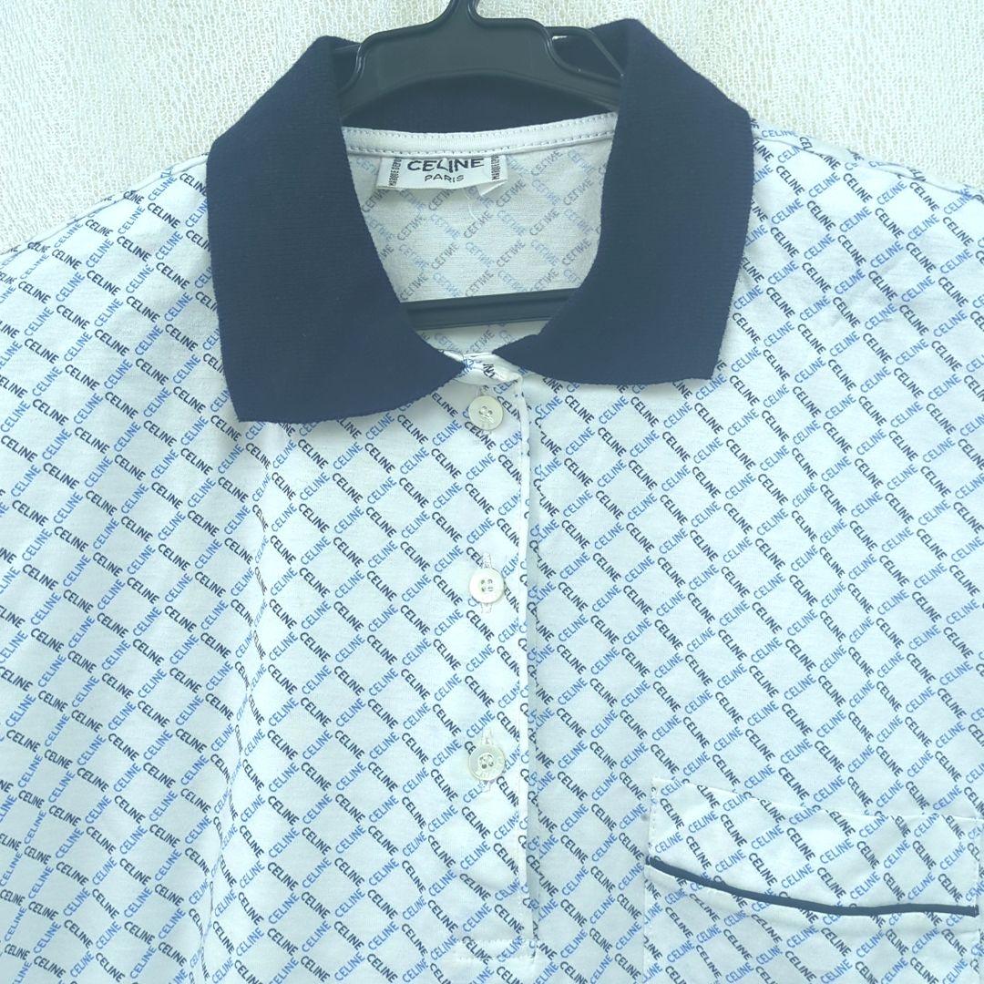 セリーヌ 100% コットン ポロシャツ ホワイト ネイビー ブルー イタリア製