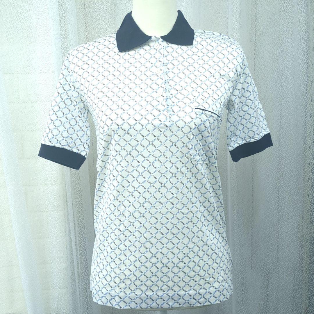 セリーヌ 100% コットン ポロシャツ ホワイト ネイビー ブルー イタリア製
