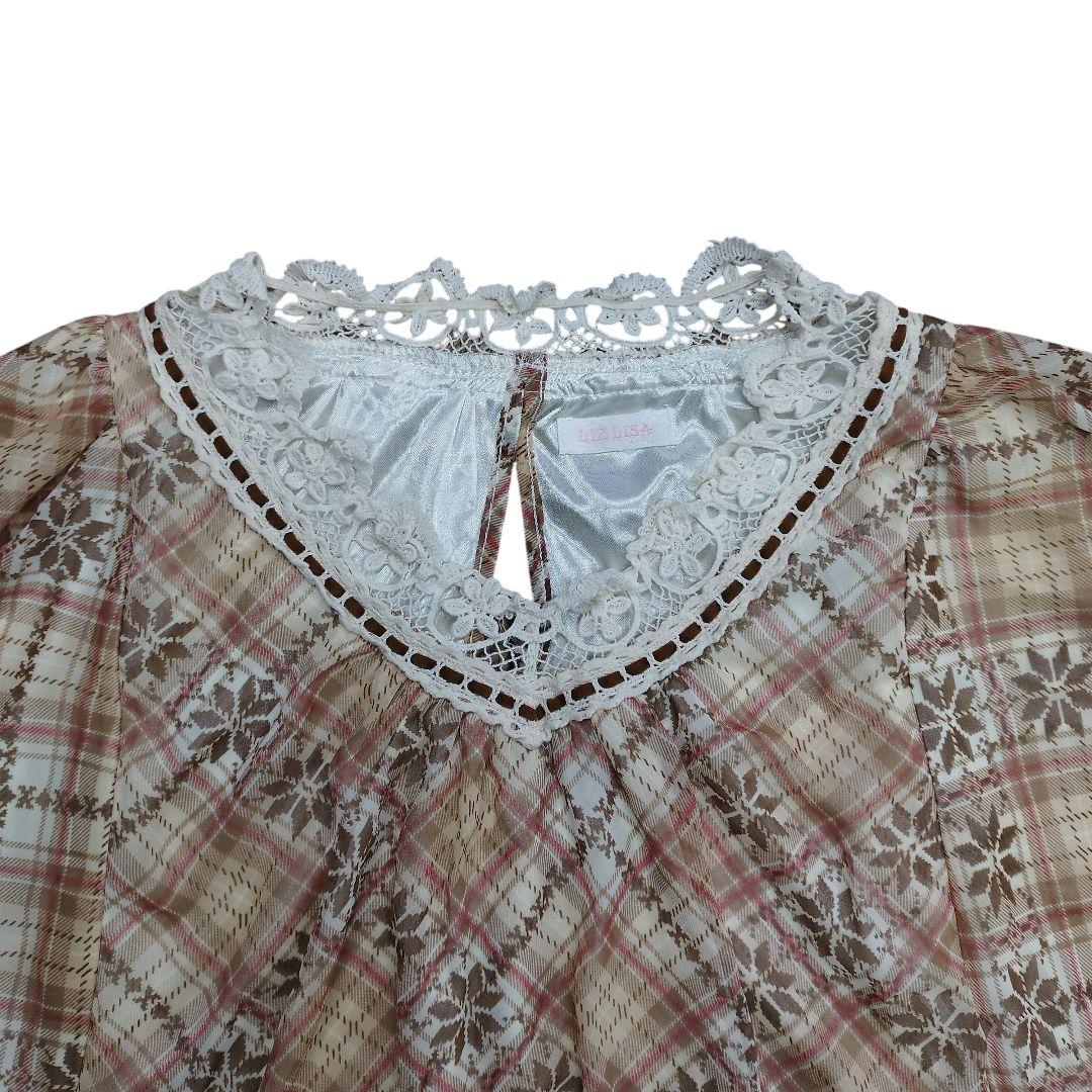 リズリサ バルーンスリーブ チェック ブラウン チュニック 姫カジ Y2K 古着
