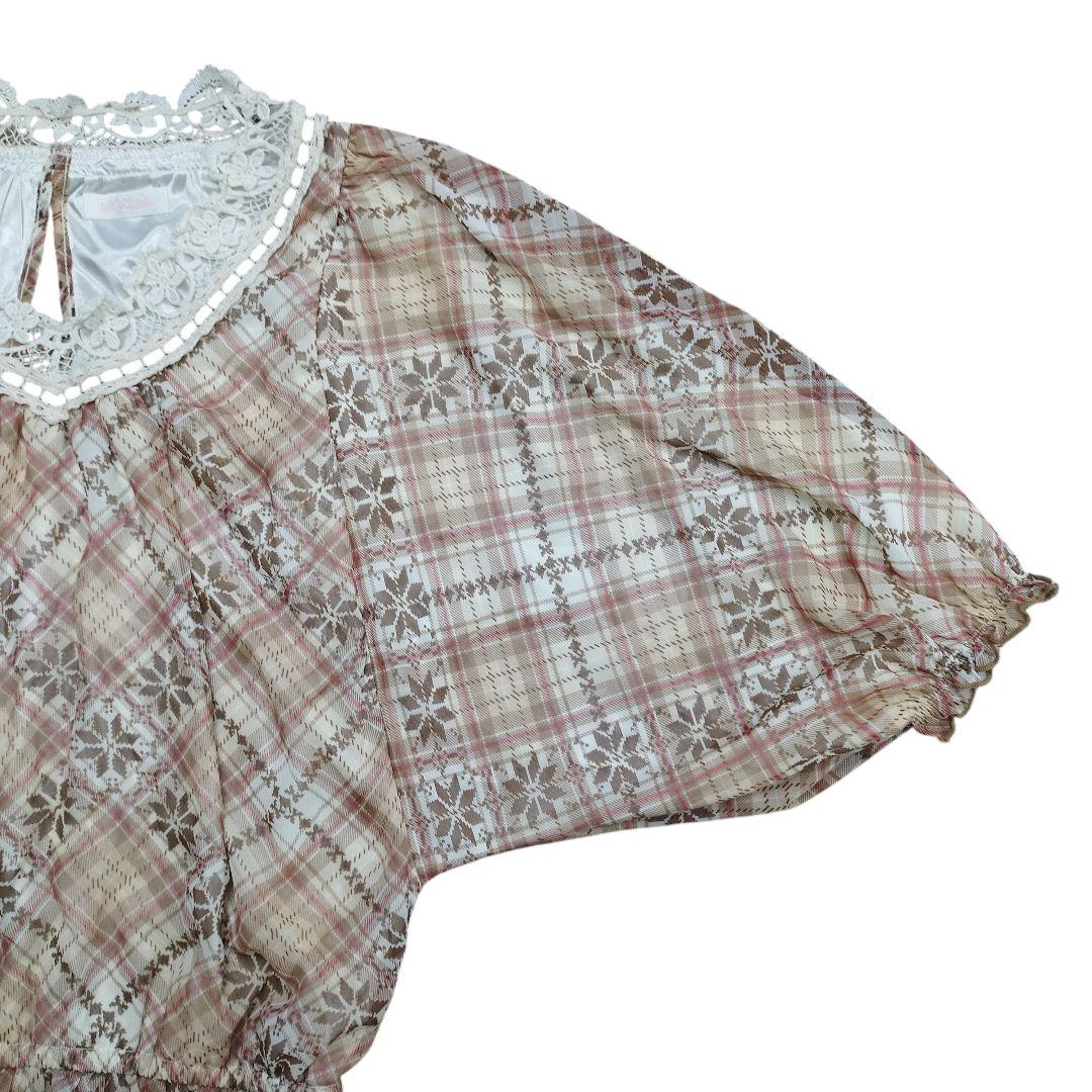 リズリサ バルーンスリーブ チェック ブラウン チュニック 姫カジ Y2K 古着