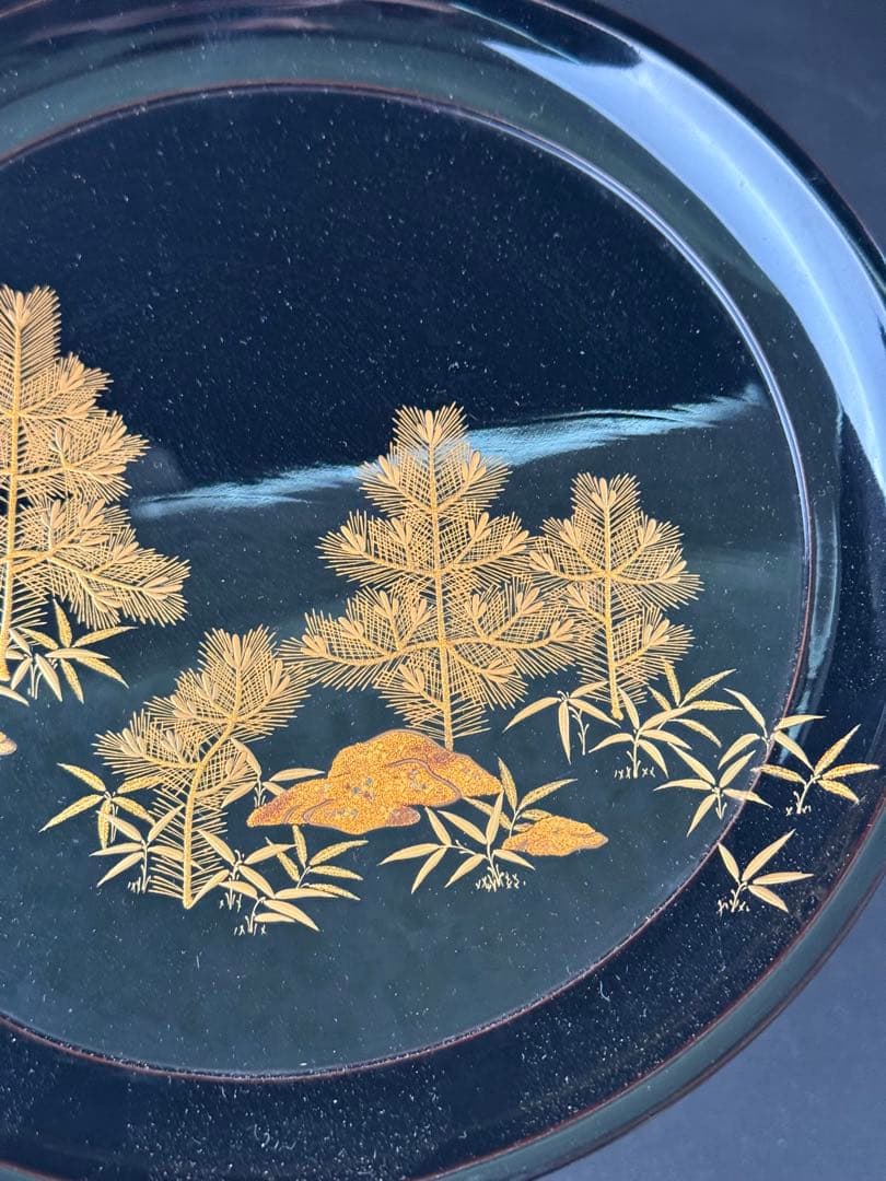 木製　時代　漆器　黒塗　高杯型　菓子器　梨地 松蒔絵　高月　共箱