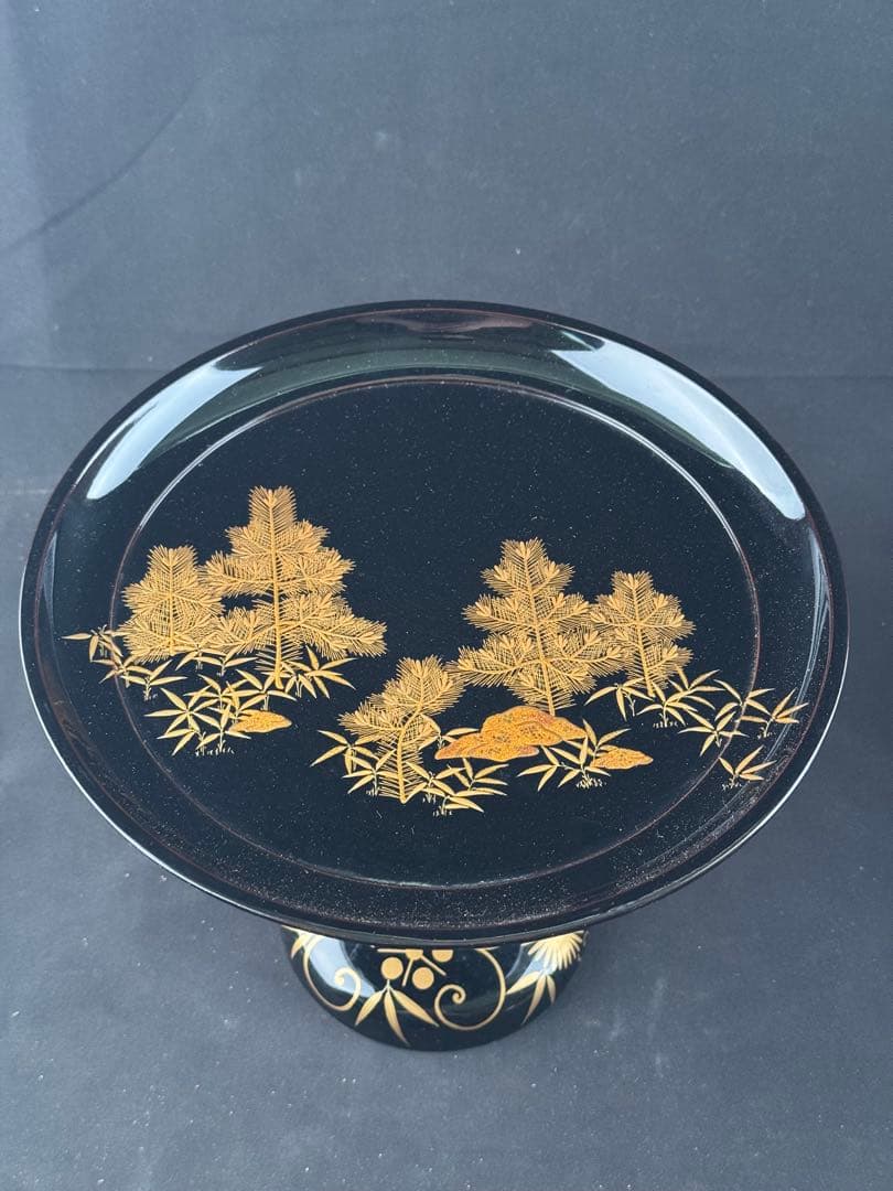 木製　時代　漆器　黒塗　高杯型　菓子器　梨地 松蒔絵　高月　共箱