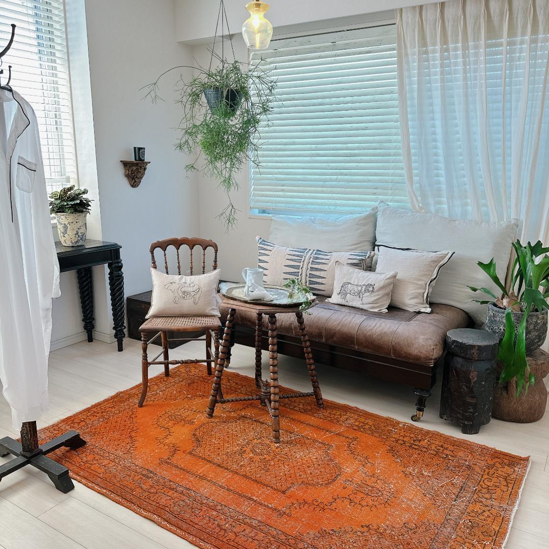 トルコヴィンテージラグ A75 オレンジ オーバーダイラグ